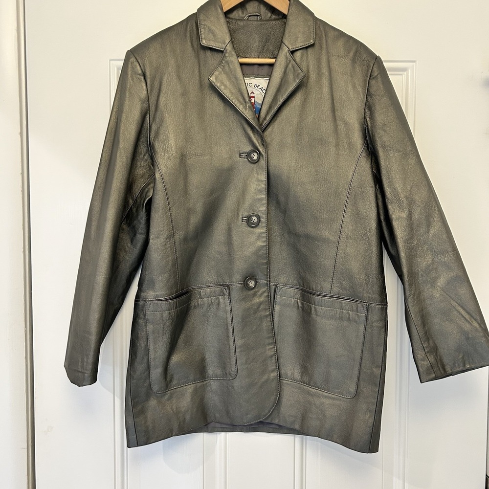 Atlantic Beach Vtg Genuine Leather Metallic Silver Gray Jacket Coat Women's Sz M